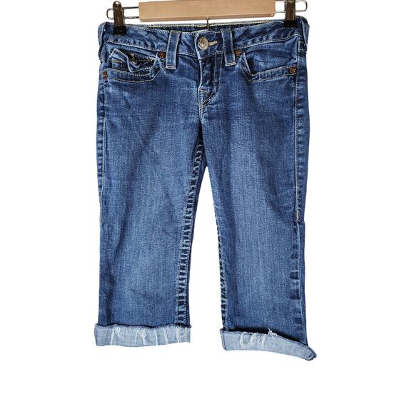 TRUE RELIGION Women's Blue Colorful Back Details Cut-off Jean Jorts Shorts SZ 27 - Picture 1 of 6